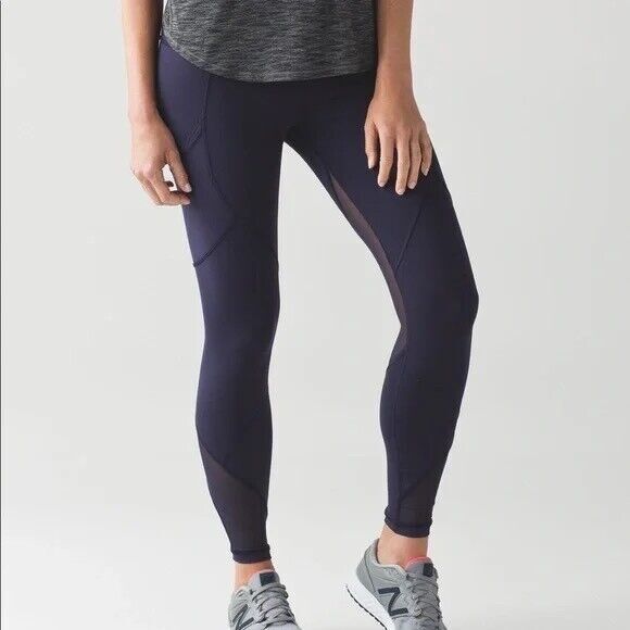 Lululemon Womens Navy Blue Mesh Cut Outrun Tights 7/8  Size 4 Small Pockets - Picture 1 of 12